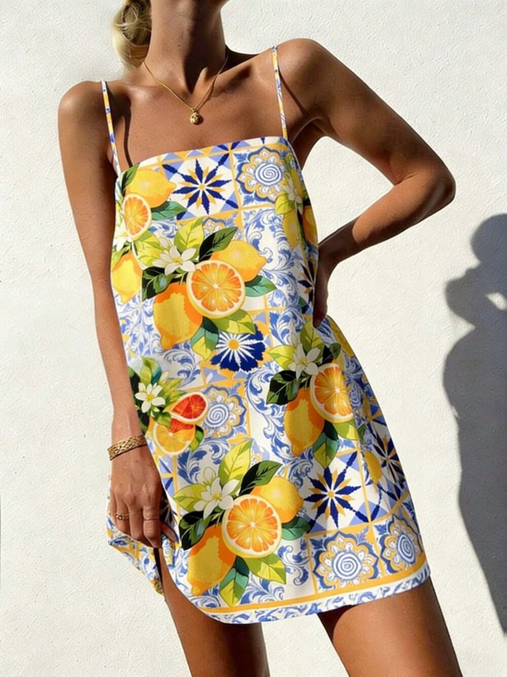 Multicolor Boho Women's Casual Lemon Flower Print Mini Dress